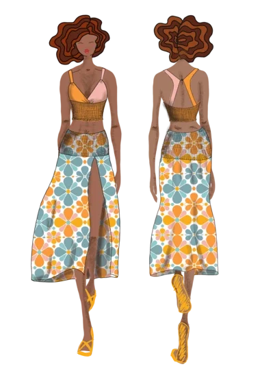 Diseño de mujer con cabello rizado, top marrón y falda floral larga. Diseño de mujer con cabello rizado, top marrón y falda floral larga.