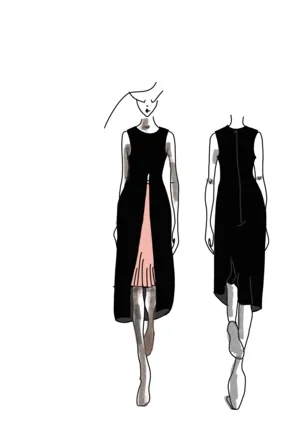 Diseño de vestido negro con una abertura y detalles en rosa. Vistas frontal y trasera. Diseño de vestido negro con una abertura y detalles en rosa. Vistas frontal y trasera.